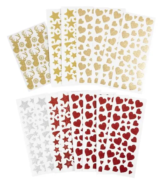 Glitterstickers jul L24 x B10 cm / L18,5 x B12 cm, 8 ark 