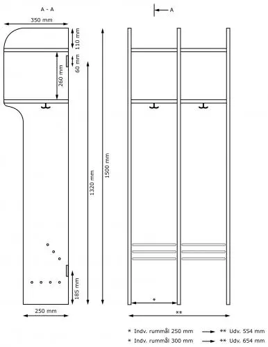 Elevgarderobe 2 rom B66 x D35/25 x H150 cm 