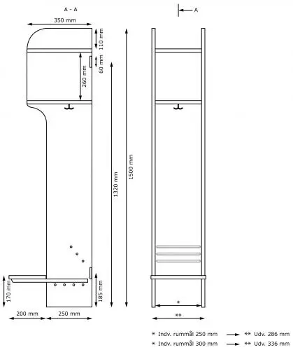 Elevgarderobe med sittebenk 1 rom B34 x D45 x H150 cm 
