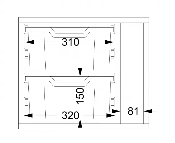 Freja 2 medium plastskuffer. Skillevegg 