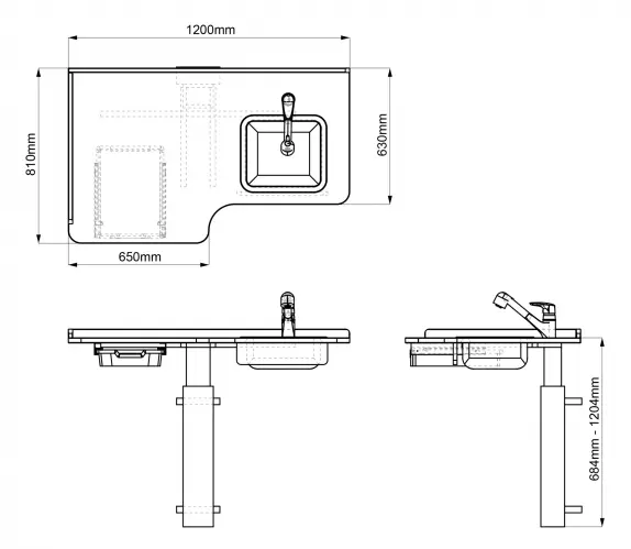 Stella stellebord med vask høyre B120 x D81/63 x H68-120 cm 