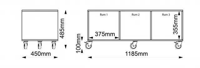 Kubus reol med bakvegg 3 rom Med hjul 