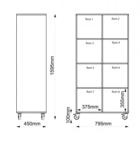 Kubus reol med bakvegg 8 rom stående Med hjul 