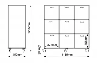 Kubus reol med bakvegg 9 rom Med sokkel