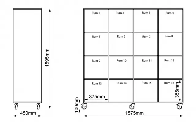 Kubus reol med bakvegg 16 rom Med hjul 
