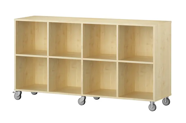 Labyrint reol 8 rom lav med hjul bjørk B158 x D45 x H86 cm 