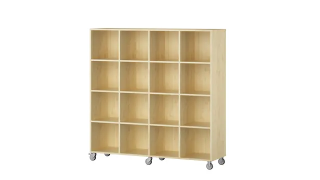 Labyrint reol 16 rom med hjul bjørk B158 x D45 x H160 cm 